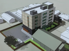 A rendering of Brock Mission's proposed 52-unit, six-storey co-ed transitional housing apartment building to be constructed at 738 Chemong Road in Peterborough, adjacent to the existing Cameron House women's shelter. (kawarthaNOW screenshot of City of Peterborough video)