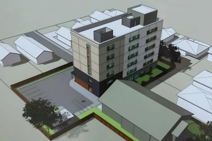 A rendering of Brock Mission's proposed 52-unit, six-storey co-ed transitional housing apartment building to be constructed at 738 Chemong Road in Peterborough, adjacent to the existing Cameron House women's shelter. (kawarthaNOW screenshot of City of Peterborough video)