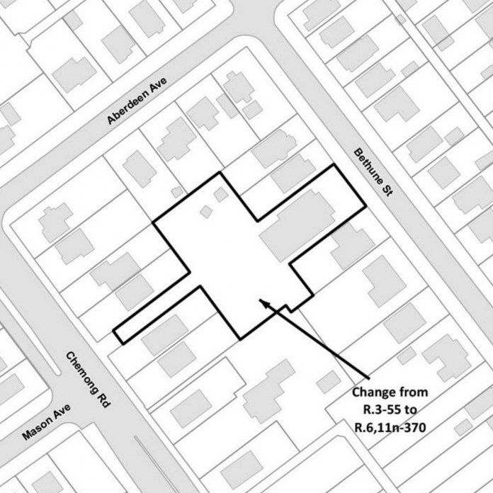 The proposed rezoning that would allow Brock Mission to construct a six-storey building at 738 Chemong Road in Peterborough. (Map: City of Peterborough)