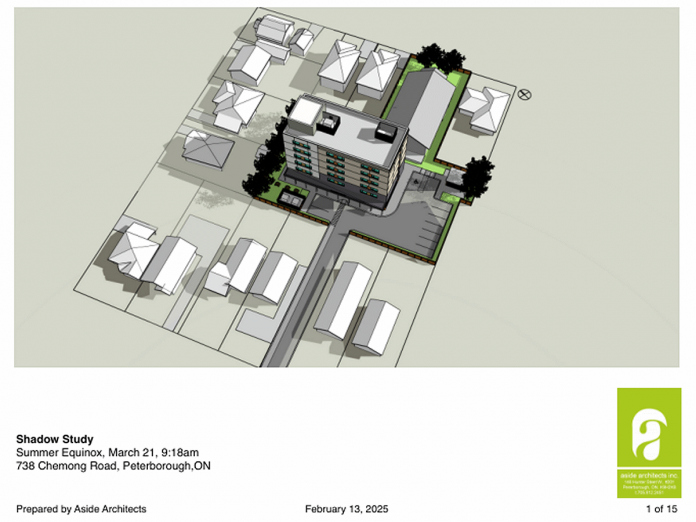 A page from a shadow study presented at a community open house on February 13, 2025. The graphic shows the shadow of Brock Mission's proposed six-storey building at 738 Chemong Road in Peterborough during the spring equinox, which has been mislabelled as the summer equinox. (Graphic: Aside Architects Inc.)