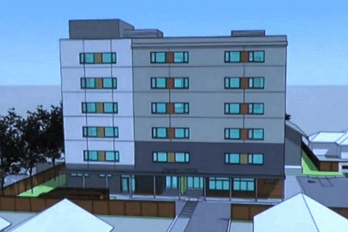 A rendering of Brock Mission's proposed 52-unit, six-storey co-ed transitional housing apartment building to be constructed at 738 Chemong Road in Peterborough. (kawarthaNOW screenshot of City of Peterborough video)