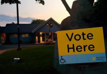 The sun sets behind the Lions Community Centre in Peterborough's East City a few minutes before the polls closed for the Ontario election on June 7, 2018, when Doug Ford's Progressive Conservative government was first elected. (Photo: Bruce Head / kawarthaNOW)