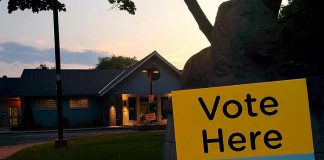 The sun sets behind the Lions Community Centre in Peterborough's East City a few minutes before the polls closed for the Ontario election on June 7, 2018, when Doug Ford's Progressive Conservative government was first elected. (Photo: Bruce Head / kawarthaNOW)