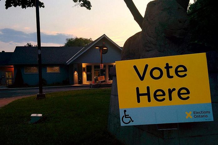 The sun sets behind the Lions Community Centre in Peterborough's East City a few minutes before the polls closed for the Ontario election on June 7, 2018, when Doug Ford's Progressive Conservative government was first elected. (Photo: Bruce Head / kawarthaNOW)