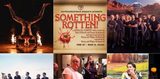 encoreNOW for January 27, 2025 features (from left to right, top and bottom) Cirquelesque 6(9), "Something Rotten!", Against the Wind, Buzz Brass, Brushstrokes & Jazz, and "Fireside Munsch". (kawarthaNOW collage)