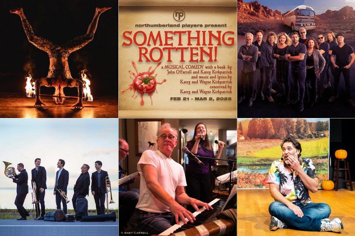 encoreNOW for January 27, 2025 features (from left to right, top and bottom) Cirquelesque 6(9), "Something Rotten!", Against the Wind, Buzz Brass, Brushstrokes & Jazz, and "Fireside Munsch". (kawarthaNOW collage)