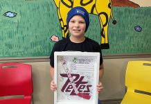 Five Counties Children's Centre staff, volunteers, and children like Kelton and their families are looking forward to attending the Peterborough Petes annual Next Gen Game on February 17, 2025 at the Peterborough Memorial Centre. Kelton's artwork was selected as the winning design to go on hundreds of miniature hockey sticks that will be available at the Family Day matinee game, which is a fundraiser for the regional children's treatment centre. (Photo courtesy of Five Counties)