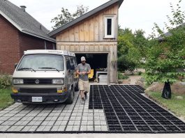 When Peterborough homeowners Andrea Hicks and Haydn McBride needed a solution to runoff issues from their driveway, they chose to use Ecoraster's Bloxx product and had the skills to install it themselves. The open cell grid design decreases fill compaction and keeps channels open for water to soak through. (Photo: Andrea Hicks)