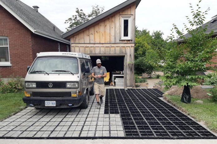 When Peterborough homeowners Andrea Hicks and Haydn McBride needed a solution to runoff issues from their driveway, they chose to use Ecoraster's Bloxx product and had the skills to install it themselves. The open cell grid design decreases fill compaction and keeps channels open for water to soak through. (Photo: Andrea Hicks)