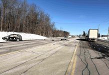 A 76-year-old Lakefield man was seriously injured after his SUV pulled out into the path of an eastbound tractor trailer on Highway 7 just east of Peterborough on February 21, 2025. (Photo: Peterborough County OPP)