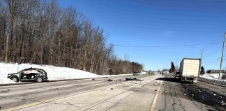 A 76-year-old Lakefield man was seriously injured after his SUV pulled out into the path of an eastbound tractor trailer on Highway 7 just east of Peterborough on February 21, 2025. (Photo: Peterborough County OPP)