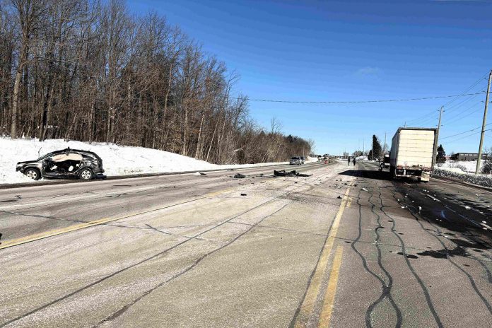 A 76-year-old Lakefield man was seriously injured after his SUV pulled out into the path of an eastbound tractor trailer on Highway 7 just east of Peterborough on February 21, 2025. (Photo: Peterborough County OPP)