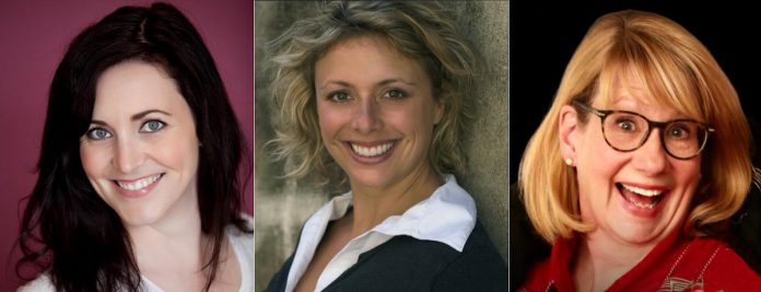 Local improv performers Meg Murphy, Jennine Profeta, and Janet Van De Graaf will be joined by Toronto-based improv comedy troupe The Coincidence Men for klusterfork's "Impros All-Pros" comedy show at the Gordon Best Theatre in downtown Peterborough on February 21, 2025. (kawarthaNOW collage)