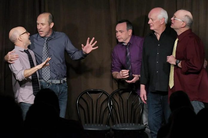 Colin Mochrie (second from right) performing with Toronto-based improv troupe The Coincidence Men's Marcel St. Pierre, Kerry Griffin, Ralph MacLeod, and Gord Oxley. (Photo: Brent Robichaud)