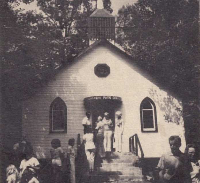 The Kawartha Park Chapel pictured in August 1976. Sometimes known as the Church in the Wild Woods, the chapel operated as a non-denominational Protestant church from 1925 until around 2010, when it ceased operations to a lack of attendance. (Photo from 50th anniversary pamphlet)