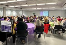 Community members at the Peterborough Public Library for the 2024 International Women's Day community event organized by the Kawartha World Issues Centre and the Kawartha Sexual Assault Centre. This year's free community event takes place from 12:30 to 4:30 p.m. at the library, following a rally and march that begins at 11:30 a.m. at Peterborough City Hall. The community event will include speakers, panellists, resources, performances, a kids' corner, and more. (Photo courtesy of Kawartha World Issues Centre)