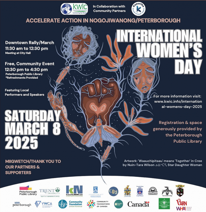 The artwork for this year's International Women's Day celebration was created by Nuin-Tara Wilson (Star Daughter Woman), a Cree artist in Nogojiwanong. (Poster courtesy of Kawartha World Issues Centre)