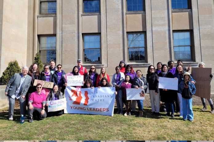 The New Canadians Centre was one of many community organizations that came out to show their support for the 2024 International Women's Day rally at Peterborough City Hall. Nogojiwanong/Peterborough organized by the Kawartha World Issues Centre and the Kawartha Sexual Assault Centre. For the 2025 event, which takes place on Saturday, March 8 with a rally and march at city hall followed by a community event at the Peterborough Public Library, groups are encouraged to come together under the theme of "Accelerate Action" for gender equality. (Photo courtesy of Kawartha World Issues Centre)