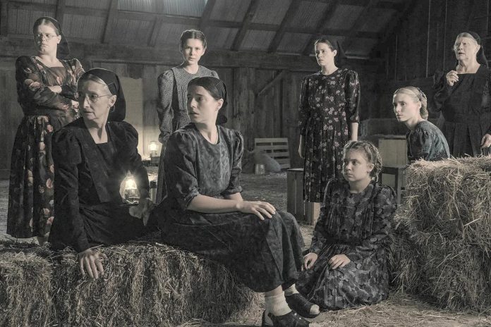 Michelle McLeod (back left) as Mejal in Sarah Polley's award-winning 2022 film "Women Talking". Also pictured, from left, are Sheila McCarthy as Greta, Liv McNeil as Nietje, Jessie Buckley as Mariche, Claire Foy as Salome, Kate Hallett as Autje, Rooney Mara as Ona, and Judith Ivey as Agata. (Photo: Michael Gibson / Orion Pictures)