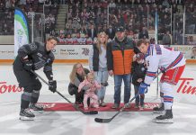 Five Counties Children's Centre client Nova (in pink) took part in the ceremonial pre-game puck drop with her family at the "Next Gen Game" at the Peterborough Memorial Centre on February 17, 2025, when the Peterborough Petes took on the Kitchener Rangers. Not only did the Petes win the game, but the annual fundraising event brought in $17,056 for Five Counties. (Photo courtesy of Peterborough Petes)