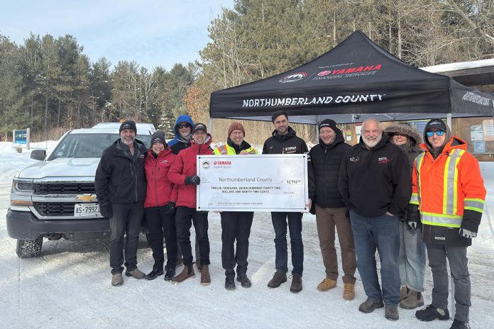 On February 12, 2025, Yamaha Financial Services presented Northumberland County with a $12,732.32 cheque for the Northumberland County Forest as part of the 2024 Stay Outdoors grant program. The funds will support the installation of fencing, gates, and signage to help protect environmentally sensitive areas as well as the planting of 160 native species to restore damaged ecosystems. (Photo: Northumberland County)