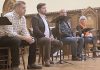 Four out of the five registered candidates for the Peterborough-Kawartha riding in the upcoming Ontario election participated in an all-candidates debate on homelessness and housing at All Saints' Anglican Church in Peterborough on February 12, 2025. Pictured from left to right are Andrew Roudly of the New Blue Party, Lucas Graham of the Green Party of Ontario, Adam Hopkins of the Ontario Liberal Party, and Jen Deck of the Ontario NDP, with an empty chair for incumbent Dave Smith of the PC Party of Ontario, who chose not to participate. (Photo: Paul Rellinger / kawarthaNOW)