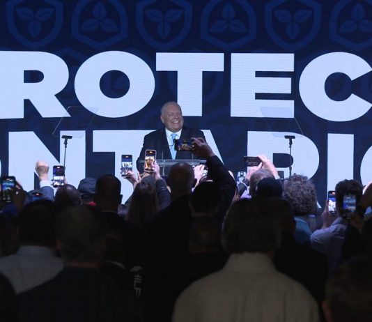 Premier Doug Ford delivering his victory speech to supporters on February 27, 2025 after winning his third consecutive majority government. The Progressive Conservative leader called a snap winter election to ask for a "strong mandate" from voters to protect Ontario from U.S. President Donald Trump's threat of tariffs. (kawarthaNOW screenshot)