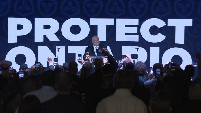 Premier Doug Ford delivering his victory speech to supporters on February 27, 2025 after winning his third consecutive majority government. The Progressive Conservative leader called a snap winter election to ask for a "strong mandate" from voters to protect Ontario from U.S. President Donald Trump's threat of tariffs. (kawarthaNOW screenshot)