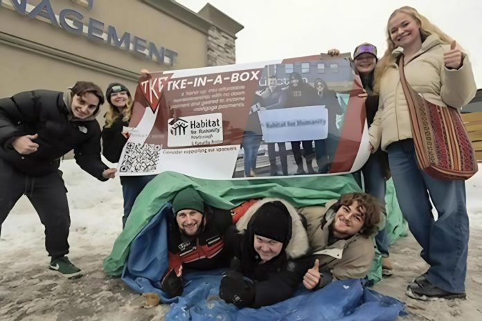 Habitat for Humanity Peterborough & Kawartha Region (Habitat PKR) was the beneficiary of a recent fundraiser that saw volunteers from the Tau Kappa Epsilon (TKE) student fraternity camp out in the parking lot of the Venture North building in downtown Peterborough from February 7 to 9, 2025, raising over $2,700 for affordable housing efforts. (Photo: TKE Peterborough)