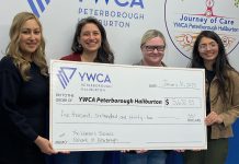 Women's Business Network of Peterborough (WBN) secretary Akshana Katoch and president Adeilah Dahlke presented a cheque for $5,632.35 to YWCA Peterborough Haliburton on January 21, 2025, representing proceeds raised during WBN's annual holiday gala. (Photo: YWCA Peterborough Haliburton / Facebook)