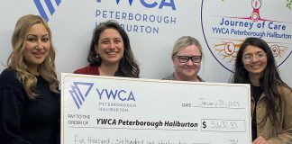 Women's Business Network of Peterborough (WBN) secretary Akshana Katoch and president Adeilah Dahlke presented a cheque for $5,632.35 to YWCA Peterborough Haliburton on January 21, 2025, representing proceeds raised during WBN's annual holiday gala. (Photo: YWCA Peterborough Haliburton / Facebook)