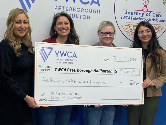 Women's Business Network of Peterborough (WBN) secretary Akshana Katoch and president Adeilah Dahlke presented a cheque for $5,632.35 to YWCA Peterborough Haliburton on January 21, 2025, representing proceeds raised during WBN's annual holiday gala. (Photo: YWCA Peterborough Haliburton / Facebook)