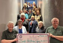 Camp Northern Lights board chair Mary Jane Smith and treasurer Randy Riel received a cheque for over $10,000 from 100 Women Peterborough during the collective philanthropy group's first meeting of the year on March 18, 2025 at The Venue in downtown Peterborough. (Photo courtesy of 100 Women Peterborough)