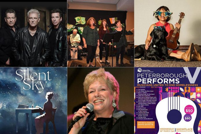 encoreNOW for March 10, 2025 features (from left to right, top and bottom) Glass Tiger at Lindsay's Academy Theatre, Foley's Irish Pub at Peterborough's Showplace, Vivian Chong's "Blind Dates" at Peterborough's Market Hall, "Silent Sky" at the Peterborough Theatre Guild, Carroll Baker at the Academy Theatre, and Peterborough Performs V at Showplace. (kawarthaNOW collage)