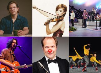 encoreNOW for March 24, 2025 features (from left to right, top and bottom) VanCamp at Peterborough's Gordon Best Theatre, Erika Raum with the Peterborough Symphony Orchestra at Peterborough's Showplace, The Beach Boys at the Peterborough Memorial Centre, Nicholas Campbell and The New Metre Cheaters at Peterborough's Market Hall, Chris Hall and the Comic Quartet at Lakefield United Church, and Le Patin Libre's Murmuration at Peterborough Memorial Centre. (kawarthaNOW collage)