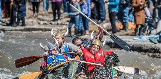 A team paddling their makeshift watercraft battles the current of the Ganaraska River during the 2018 "Float Your Fanny Down the Ganny" race in Port Hope. The 2025 event on Saturday, April 12 will see the return of the beloved Crazy Craft race, where participants build a raft out of any combination of items. This year's event also includes a new floaty category that was scheduled to make its debut last year but was cancelled due to inclement weather. (Photo: Walton St. Photography)