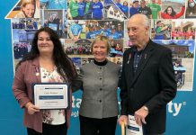 Habitat for Humanity Peterborough & Kawartha Region (Habitat PKR) volunteers Cindy Windover (left) and Harry Pearson (right), pictured with Selwyn Township Mayor Sherry Senis, were presented with the King Charles III's Coronation Medal on March 6, 2025 during a celebration at the Lakefield ReStore in recognition for their work with the organization. (Photo: Habitat PKR)