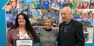 Habitat for Humanity Peterborough & Kawartha Region (Habitat PKR) volunteers Cindy Windover (left) and Harry Pearson (right), pictured with Selwyn Township Mayor Sherry Senis, were presented with the King Charles III's Coronation Medal on March 6, 2025 during a celebration at the Lakefield ReStore in recognition for their work with the organization. (Photo: Habitat PKR)