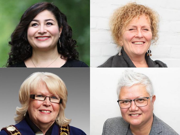 Four female leaders in Peterborough (left to right, top and bottom: Maryam Monsef, Kim Dolan, Bonnie Clark, and Joy Lachica) share what International Women's Day means to them and why it's imperative to accelerate action towards gender equality in 2025. (kawarthaNOW collage of supplied photos)