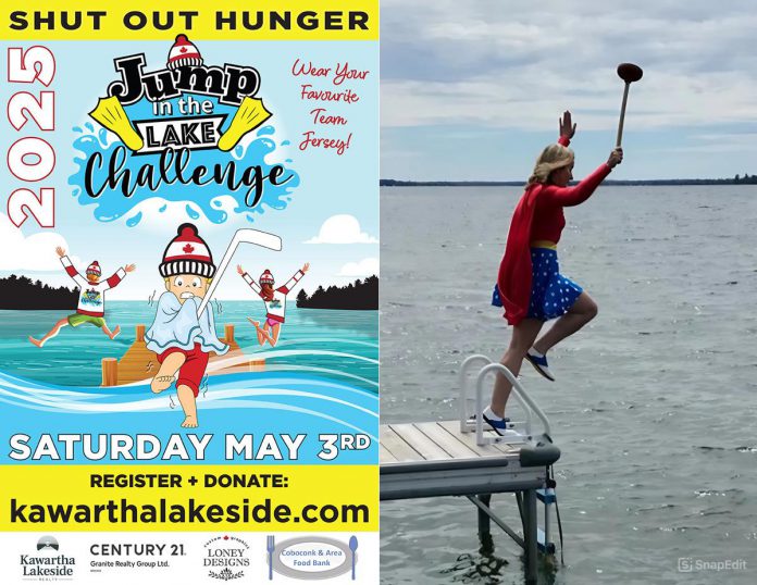 The theme for this year's annual Jump in the Lake Challenge, which asks Coboconk-area residents to take a cold plunge into their local lake for a good cause, is "Jersey Jump." On May 3, 2025, participants are asked to don their favourite sports jerseys when jumping into the lake in support of the Coboconk & Area Food Bank. (Poster and photo courtesy of Dean Michel)