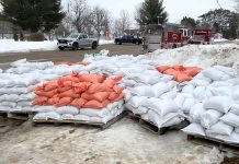 As of March 20, 2025, there is a potential flood risk due to increased water levels on the Burnt River above the Kinmount dam. Affected residents can prepare their properties for possible flooding by getting pre-filled sandbags at the Burnt River Community Centre. Residents can also fill their own sandbags at Ward Park Norland Community Centre, Dalton Community Centre, and Chisholm Trail. (Photo: City of Kawartha Lakes)