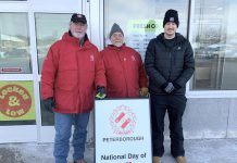 Members of the Kinsmen Club of Peterborough were at No Frills on George Street and at FreshCo on Brock Street in downtown Peterborough on Feburary 22, 2025 to hand out 160 gift certificates worth a total of $4,000 in recognition of the annual Kin Kindness Day. (Photo: Kinsmen Club of Peterborough / Facebook)