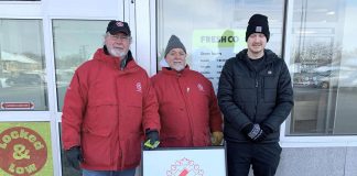 Members of the Kinsmen Club of Peterborough were at No Frills on George Street and at FreshCo on Brock Street in downtown Peterborough on Feburary 22, 2025 to hand out 160 gift certificates worth a total of $4,000 in recognition of the annual Kin Kindness Day. (Photo: Kinsmen Club of Peterborough / Facebook)