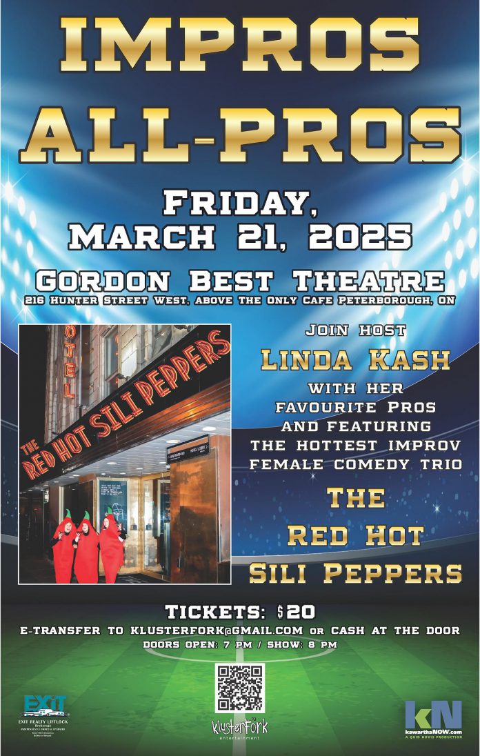 Toronto-based sketch comedy trio The Red Hot Sili Peppers will be joining host Linda Kash and local improv artists Jennine Profeta, Janet Van De Graaff, and Megan Murphy for klusterfork entertainment's "Impros All-Pros" comedy show at the Gordon Best Theatre in downtown Peterborough on March 21, 2025. Danny Bronson will provide the musical accompaniment for the show. (Photo: Alicia Carrick)