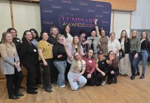 Some of the 56 women who have been nominated for the inaugural Luminary Awards for Women in Business celebrate during an announcement at the offices of Peterborough and the Kawarthas Chamber of Commerce on March 5, 2025. An awards luncheon will take place on Thursday, May 8 in the Great Hall at Champlain College at Trent University. (Photo: Tricia Mason for kawarthaNOW)