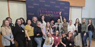 Some of the 56 women who have been nominated for the inaugural Luminary Awards for Women in Business celebrate during an announcement at the offices of Peterborough and the Kawarthas Chamber of Commerce on March 5, 2025. An awards luncheon will take place on Thursday, May 8 in the Great Hall at Champlain College at Trent University. (Photo: Tricia Mason for kawarthaNOW)