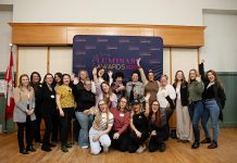 Some of the 56 women who have been nominated for the inaugural Luminary Awards for Women in Business celebrate during an announcement at the offices of Peterborough and the Kawarthas Chamber of Commerce on March 5, 2025. An awards luncheon will take place on Thursday, May 8 in the Great Hall at Champlain College at Trent University. (Photo: Jordan Lyall Photography)