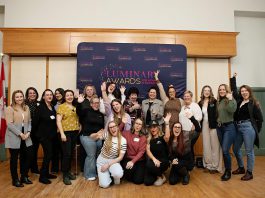 Some of the 56 women who have been nominated for the inaugural Luminary Awards for Women in Business celebrate during an announcement at the offices of Peterborough and the Kawarthas Chamber of Commerce on March 5, 2025. An awards luncheon will take place on Thursday, May 8 in the Great Hall at Champlain College at Trent University. (Photo: Jordan Lyall Photography)