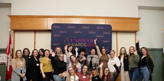 Some of the 56 women who have been nominated for the inaugural Luminary Awards for Women in Business celebrate during an announcement at the offices of Peterborough and the Kawarthas Chamber of Commerce on March 5, 2025. An awards luncheon will take place on Thursday, May 8 in the Great Hall at Champlain College at Trent University. (Photo: Jordan Lyall Photography)