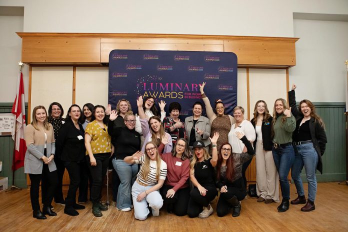 Some of the 56 women who have been nominated for the inaugural Luminary Awards for Women in Business celebrate during an announcement at the offices of Peterborough and the Kawarthas Chamber of Commerce on March 5, 2025. An awards luncheon will take place on Thursday, May 8 in the Great Hall at Champlain College at Trent University. (Photo: Jordan Lyall Photography)